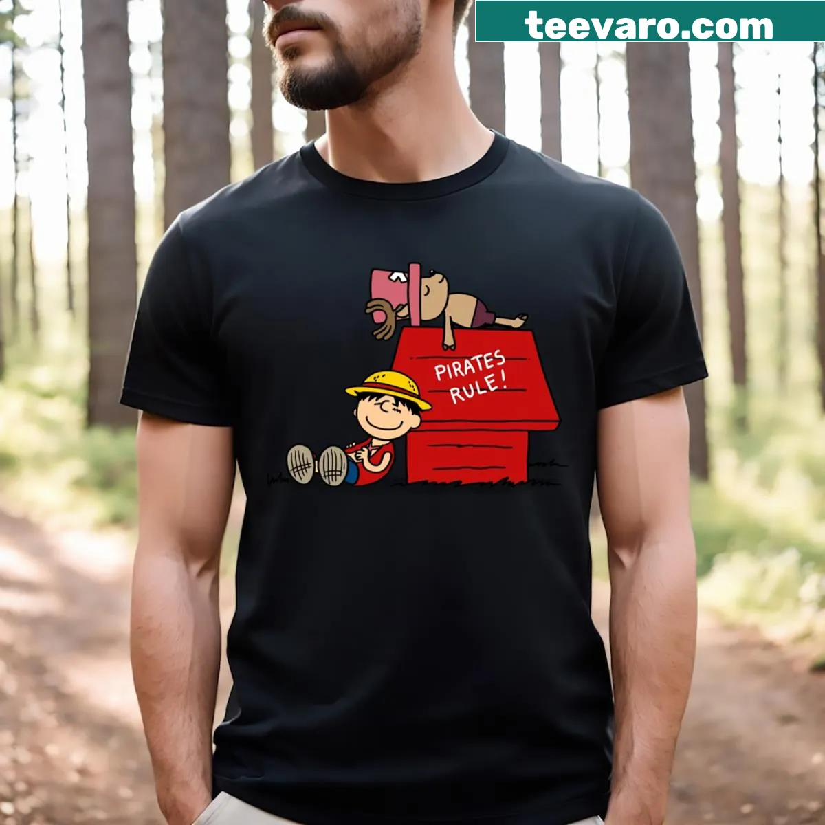 Anime-inspired pirate parody t-shirt with playful graphics — on a men's t-shirt