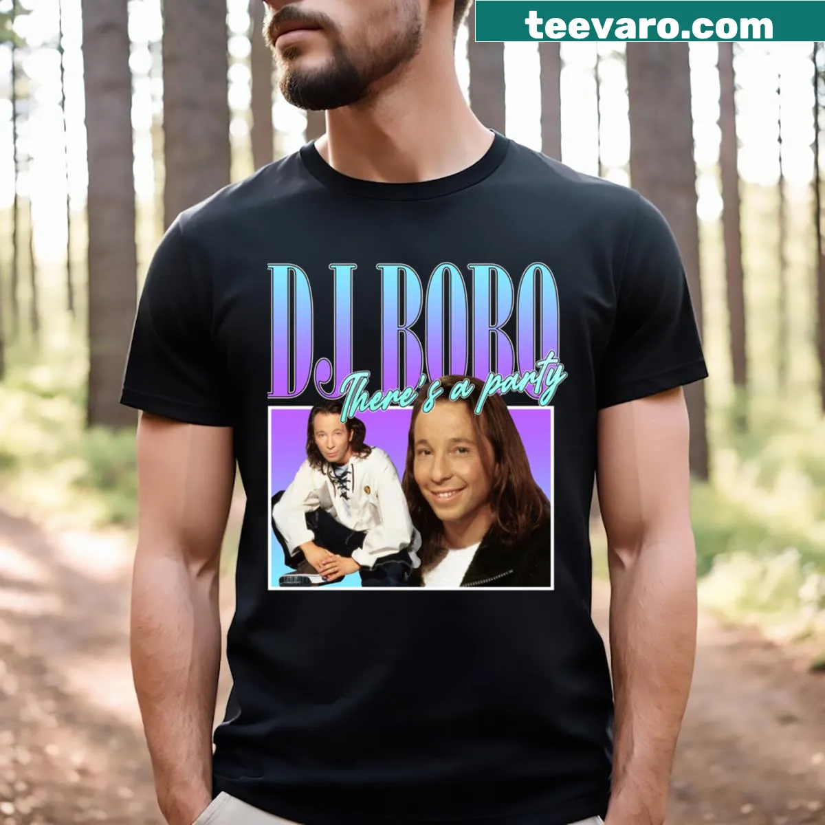 T-shirt featuring a retro DJ Bobo design in a 90s style. — on a men's t-shirt