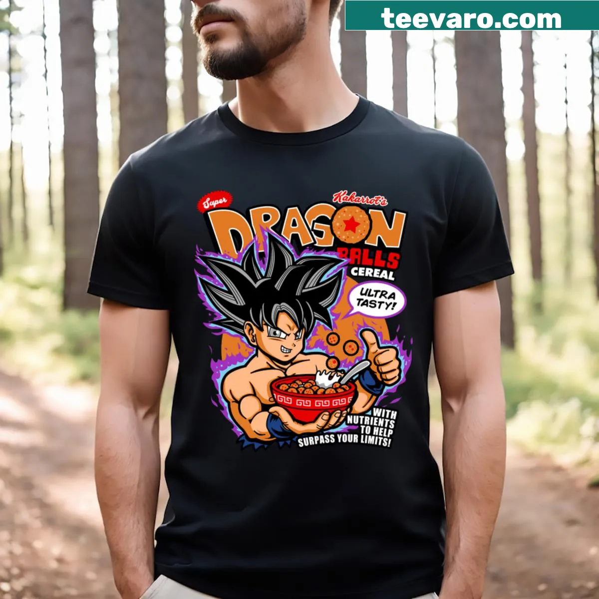 Anime-inspired T-shirt with dragon cereal balls illustration — on a men's t-shirt