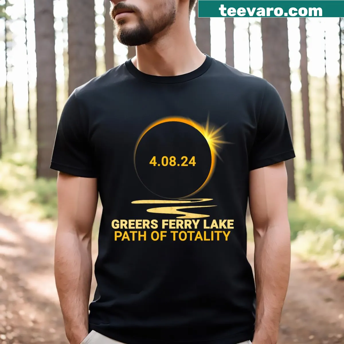 Design featuring the Path of Totality for the 2024 eclipse on a V-neck T-shirt. — on a men's t-shirt