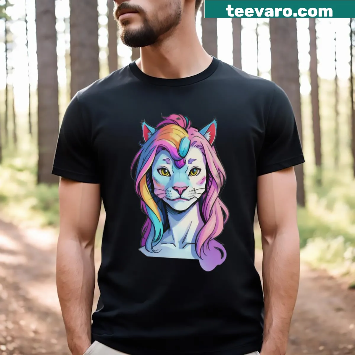 Illustrated lioness and unicorn in a whimsical design on a t-shirt — on a men's t-shirt