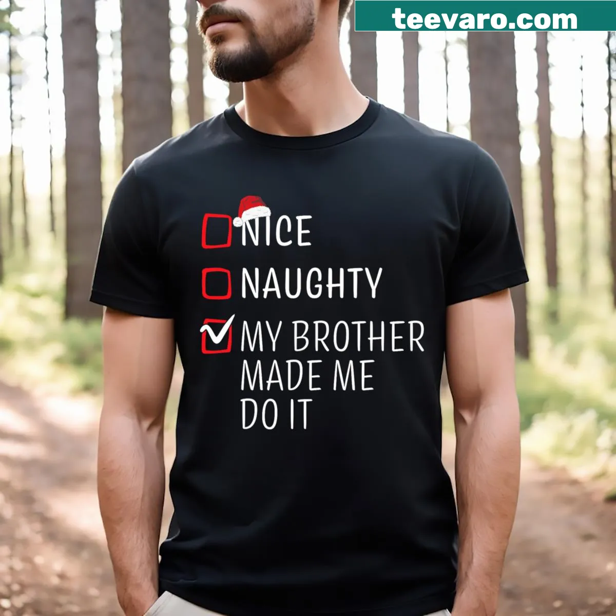 Funny Christmas T-shirt with naughty and nice text — on a men's t-shirt