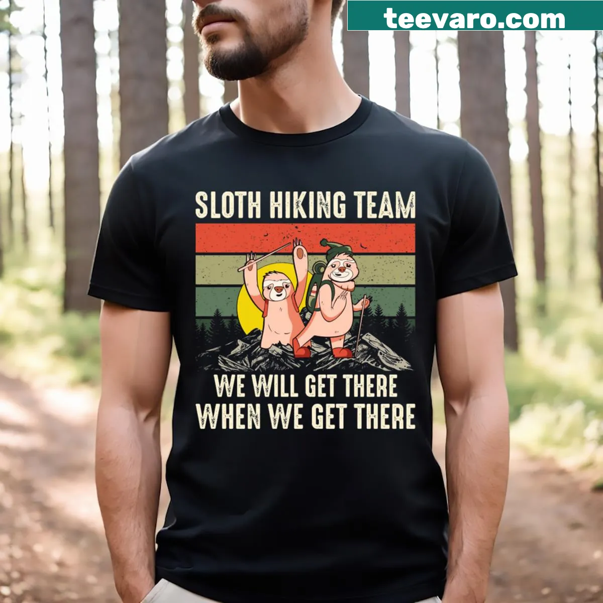 Cartoon sloth graphic on a hiking team t-shirt for humor — on a men's t-shirt