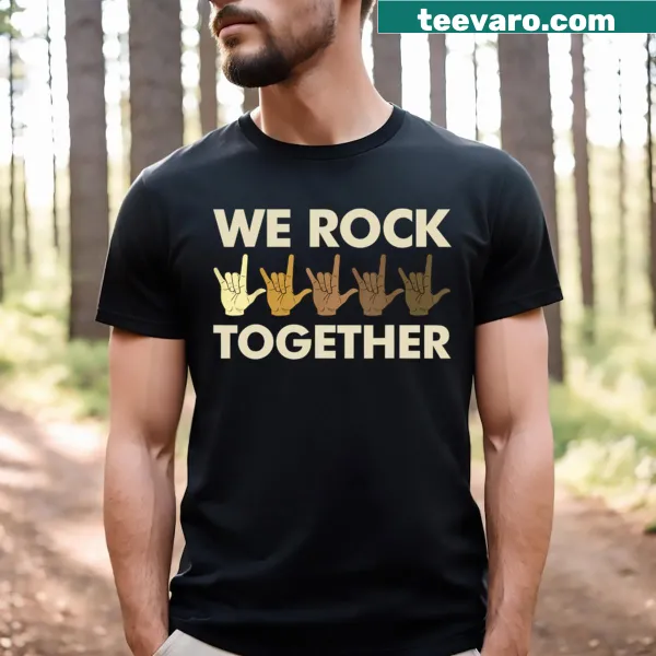 T-shirt with 'We Rock Together' text and musical design