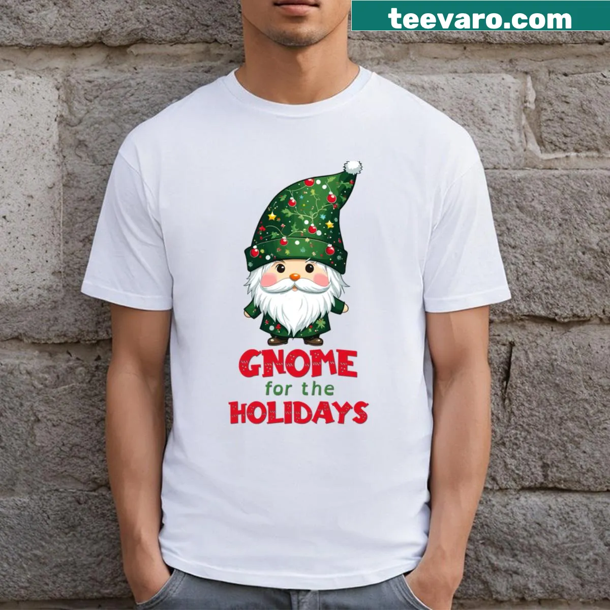 Cute Christmas gnome graphic on a festive T-shirt, holiday design — on a men's t-shirt