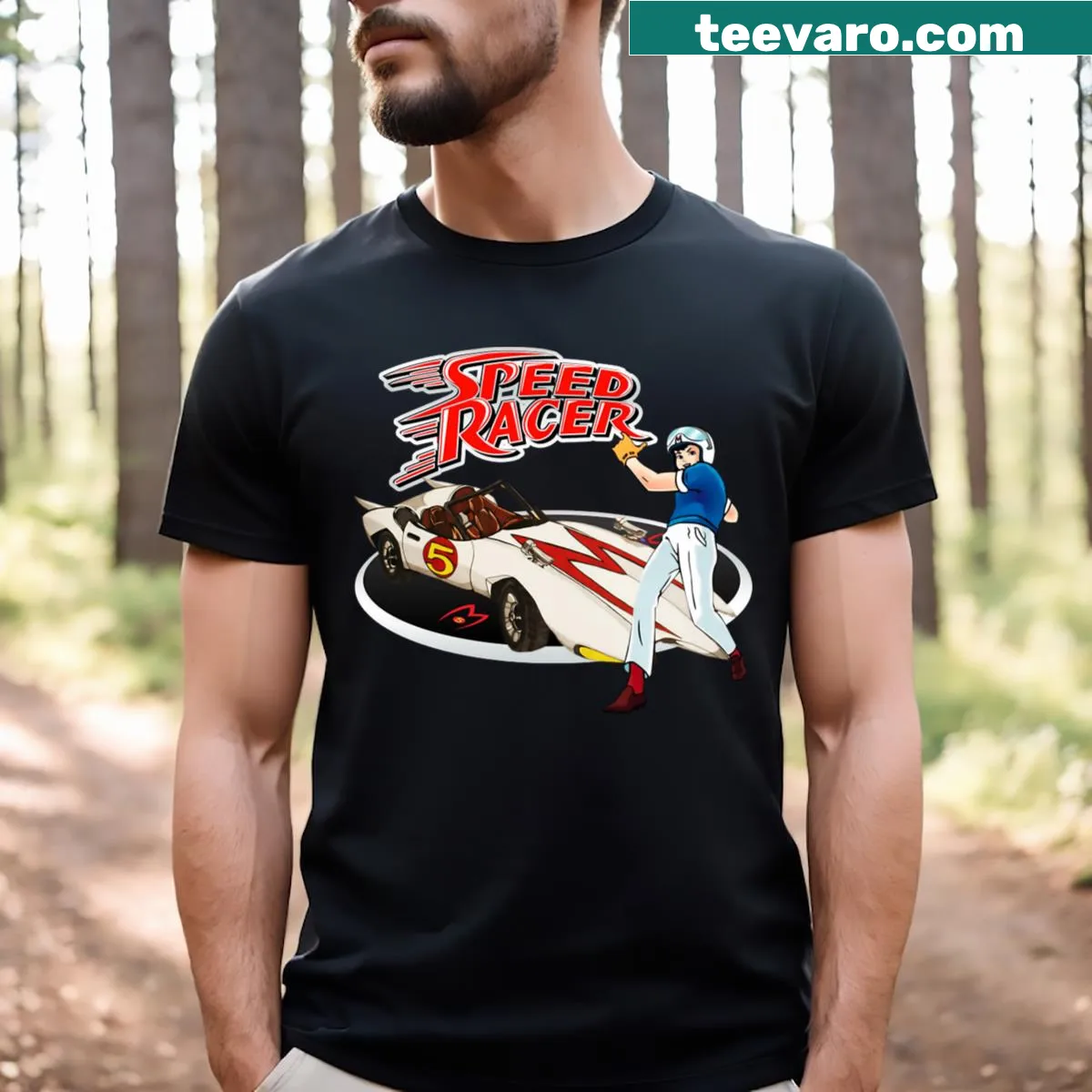 Bold Go Speed Racer Go Go!!! T-shirt with playful typography — on a men's t-shirt