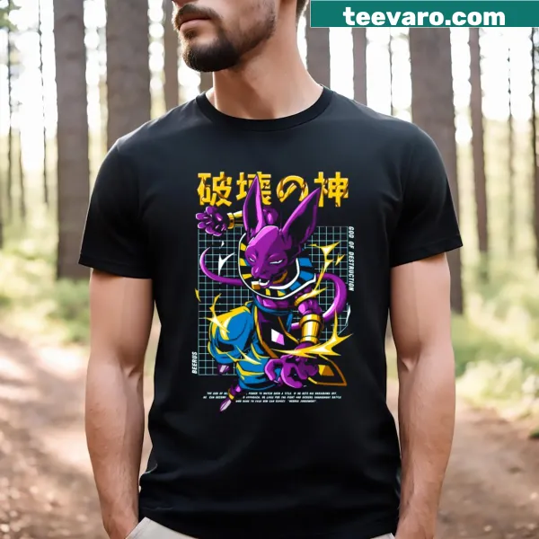 Illustrated t-shirt featuring Beerus, the God of Destruction from anime