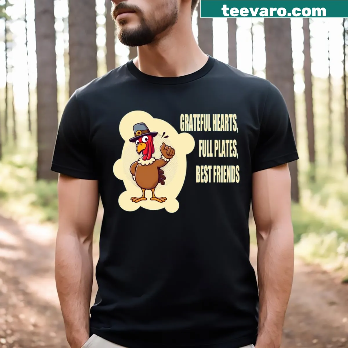 Charming t-shirt with the phrase 'Grateful Hearts Full Plates' celebrating friendship — on a men's t-shirt