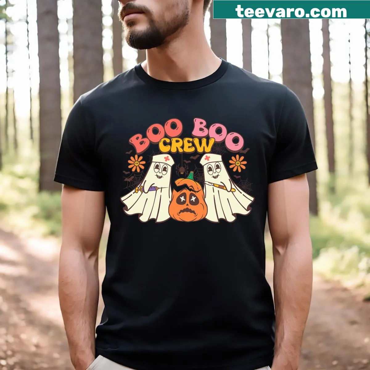 Funny ghost and Groovy Boo Crew text on Halloween nurse T-shirt — on a men's t-shirt