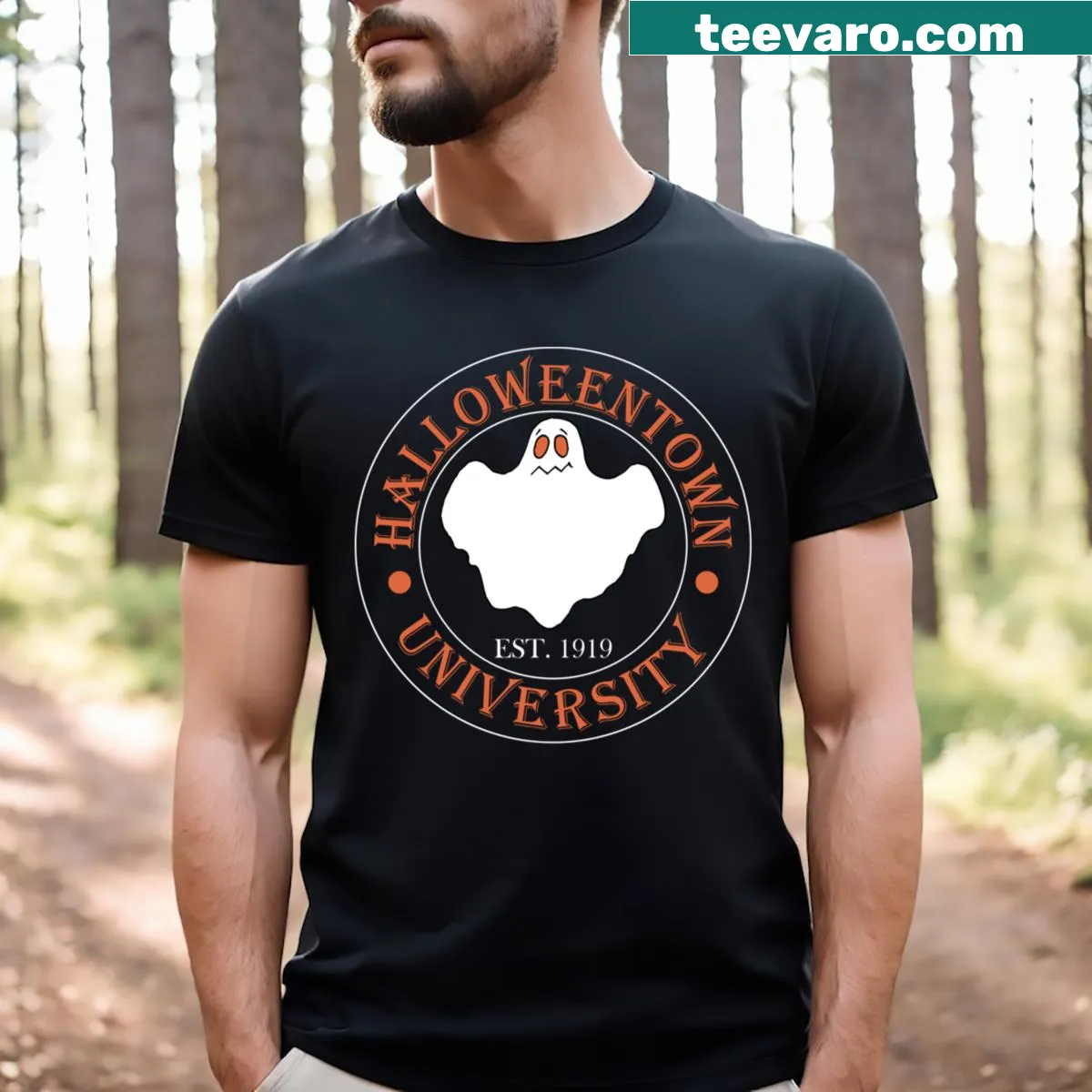 Collegiate-style Halloween Town University graphic on a T-shirt — on a men's t-shirt
