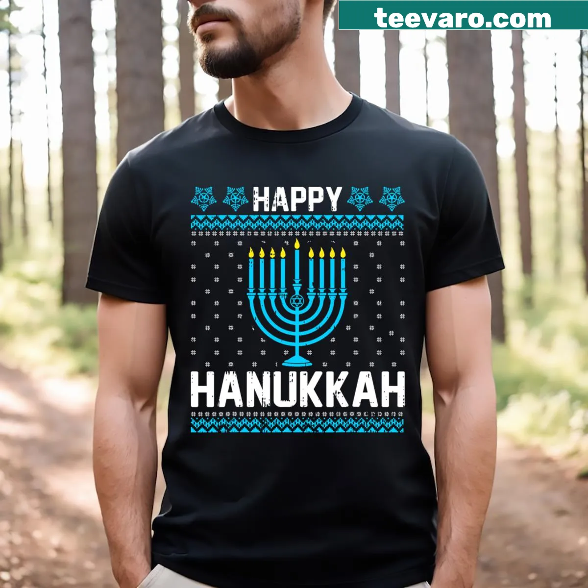 Menorah graphic on a T-shirt for kids celebrating Hanukkah — on a men's t-shirt