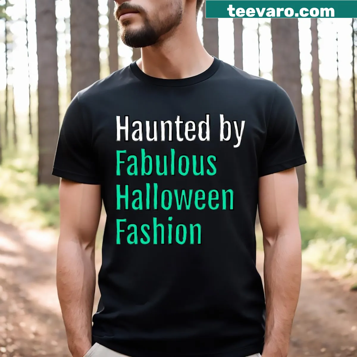 Bold Halloween fashion-themed typography on black t-shirt — on a men's t-shirt