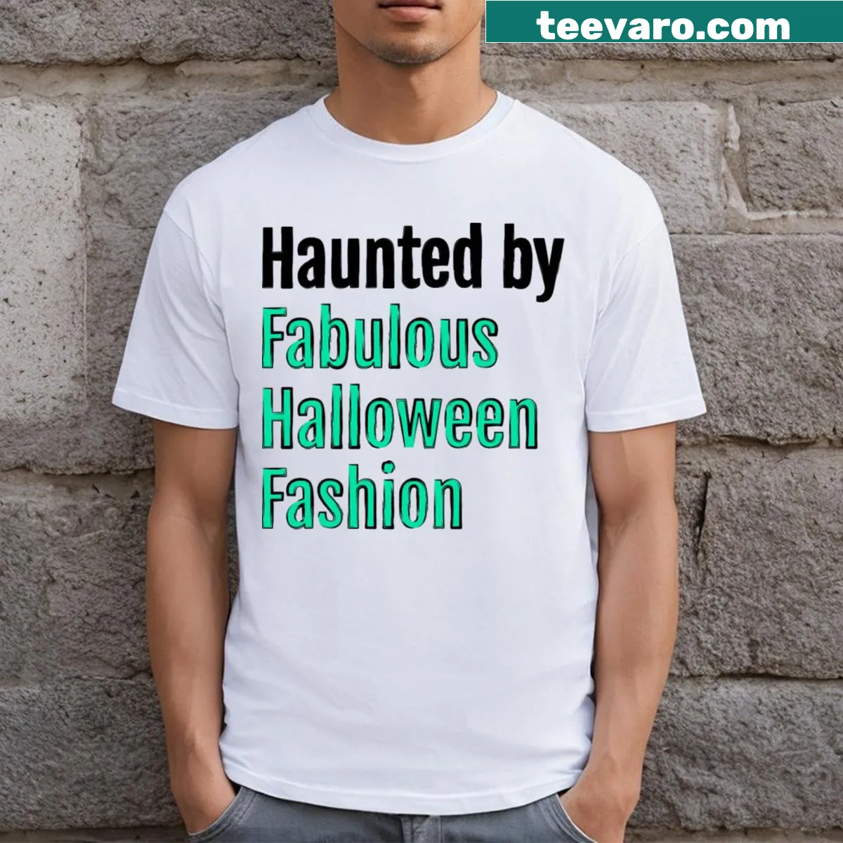 Edgy Halloween fashion-themed typography on t-shirt — on a men's t-shirt