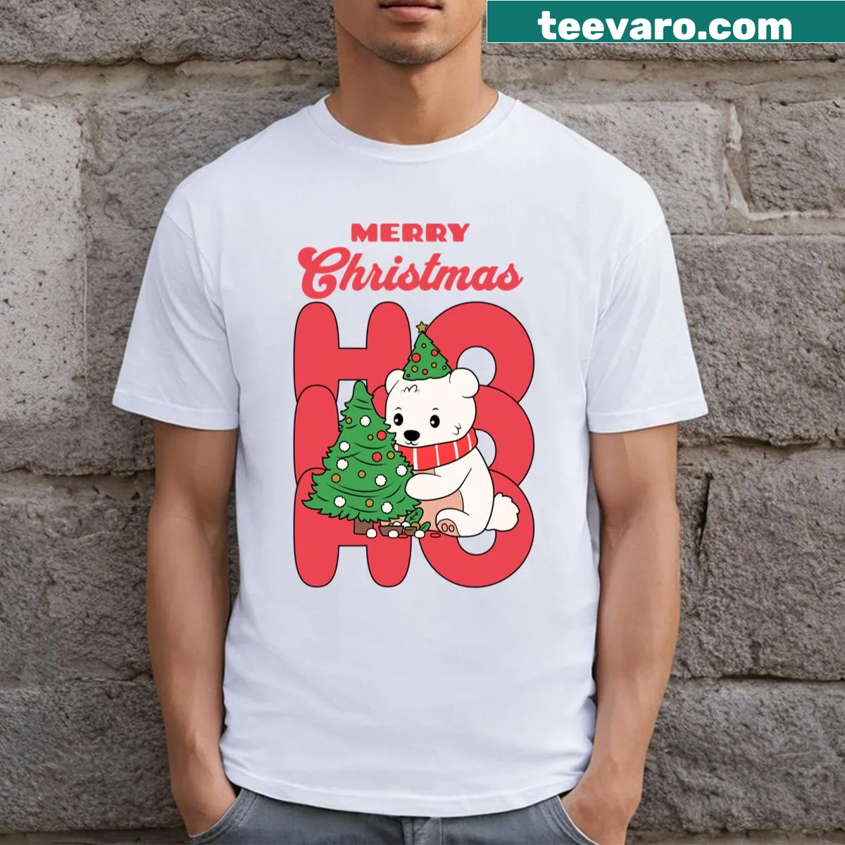 Cute bear and Christmas tree illustration on a T-shirt — on a men's t-shirt