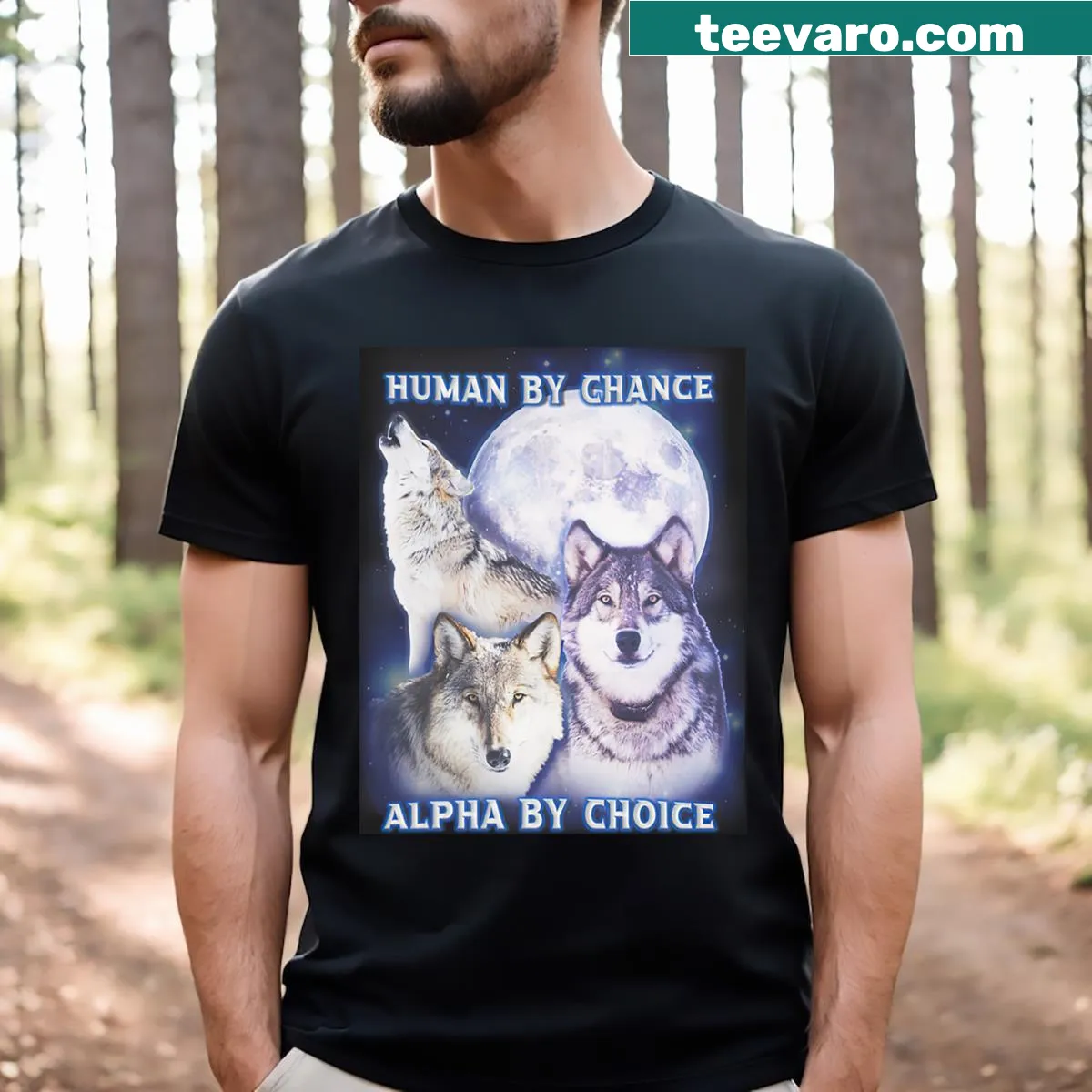 Alpha wolf graphic T-shirt with bold text — on a men's t-shirt