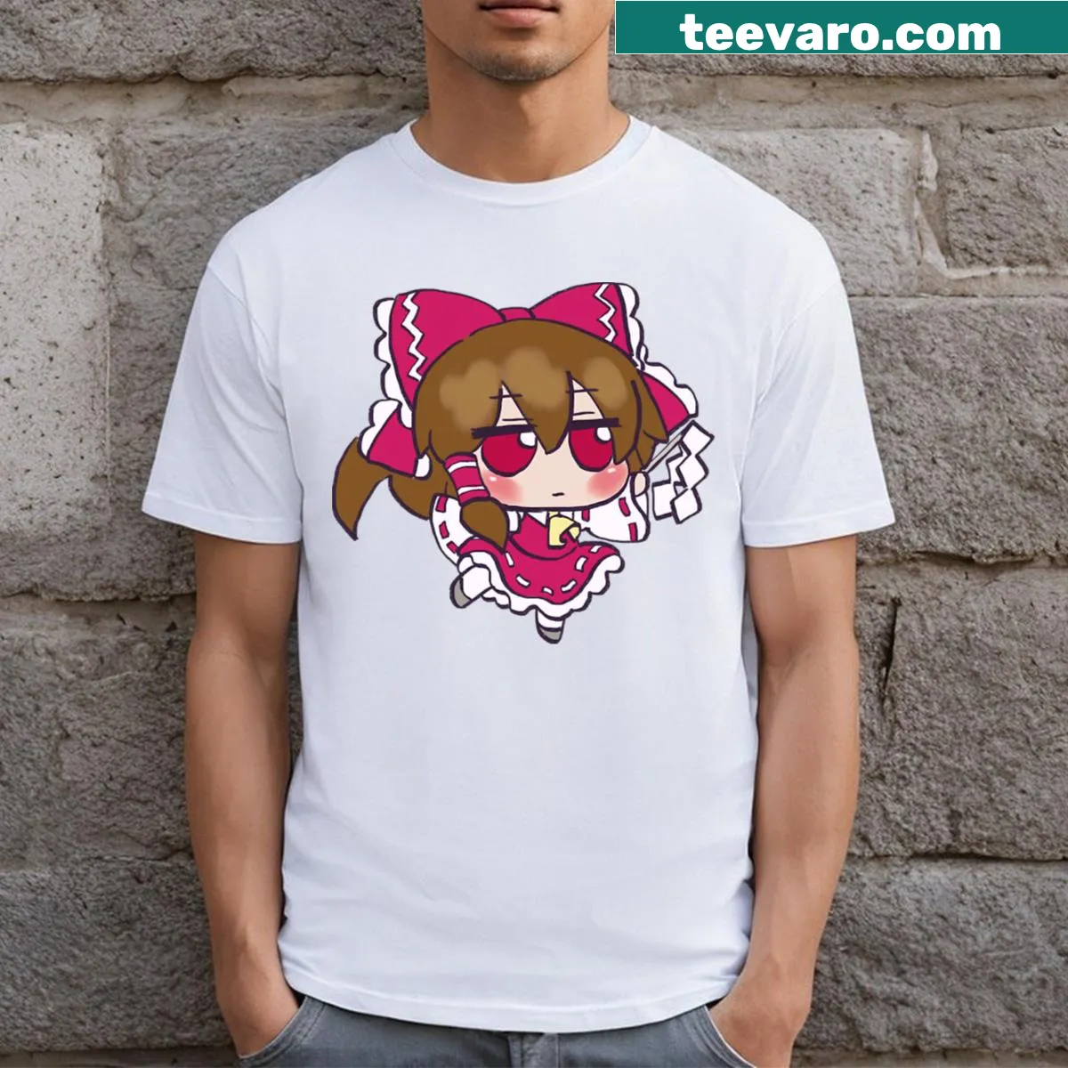 Chibi Reimu Hakurei illustration on a humorous Touhou-themed t-shirt — on a men's t-shirt