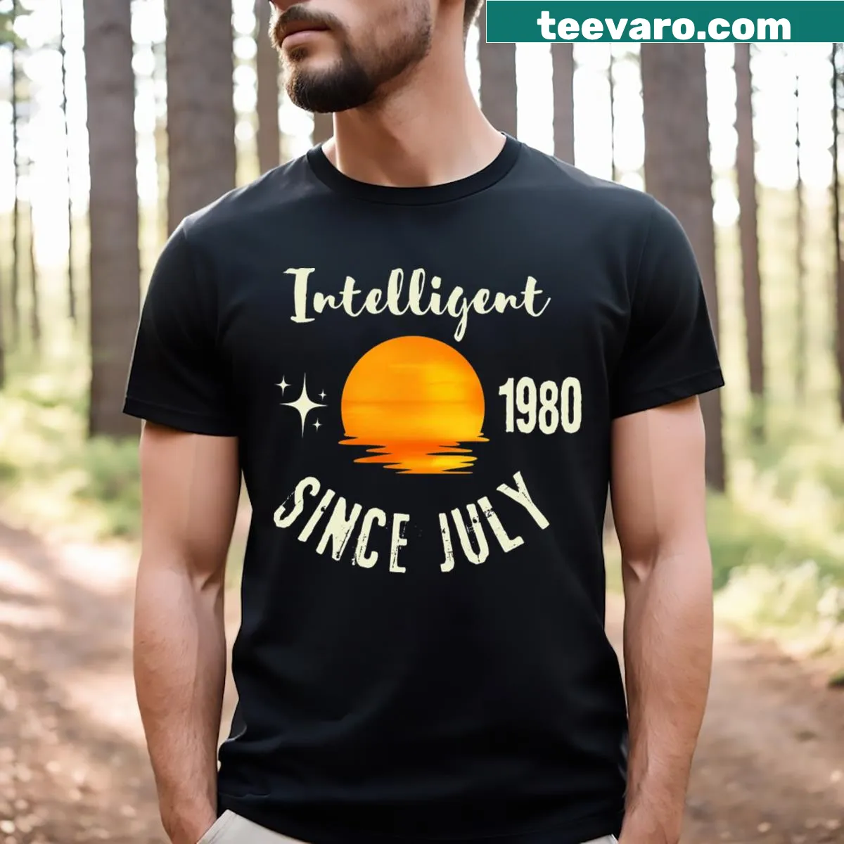 Funny typography T-shirt celebrating intelligence since July 1980 — on a men's t-shirt