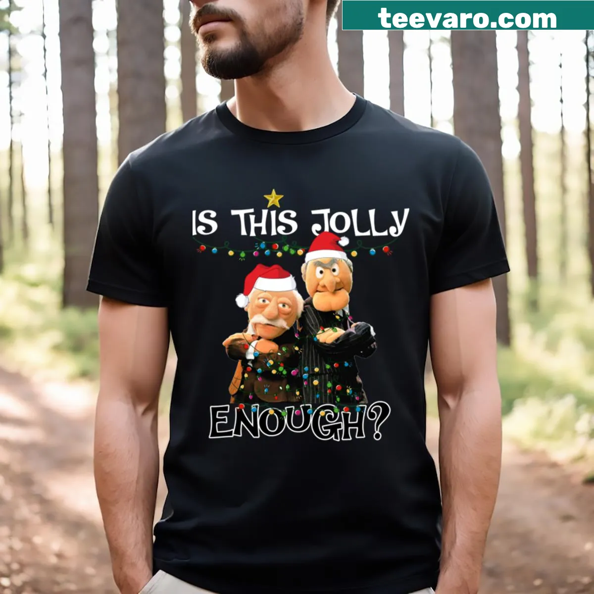 Christmas-themed T-shirt with jolly message — on a men's t-shirt