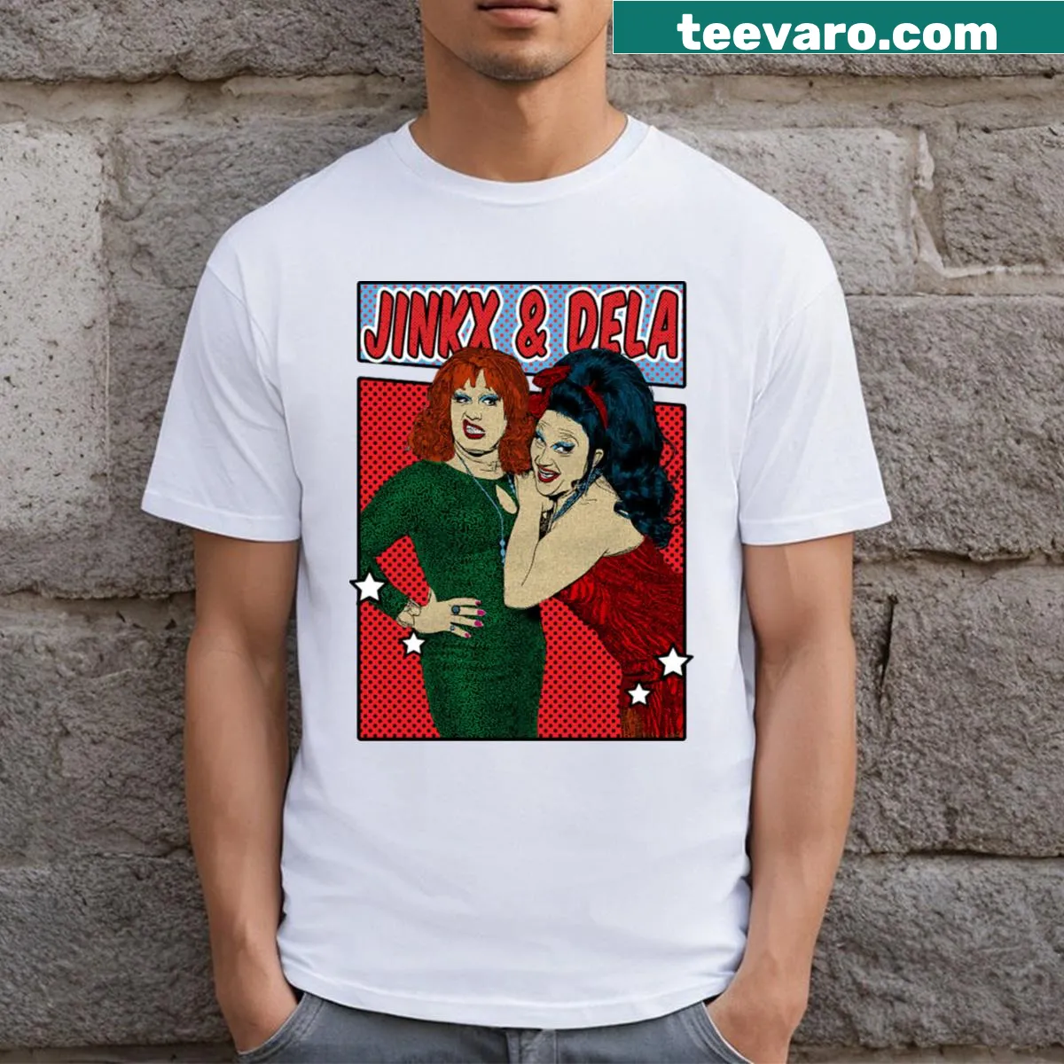 Holiday-themed pop art t-shirt featuring Jinkx and Dela — on a men's t-shirt