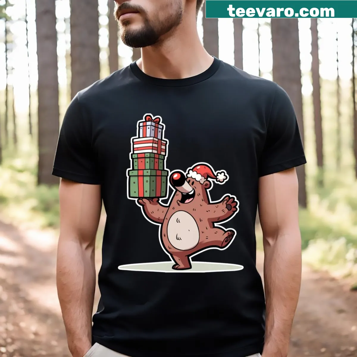 Holiday T-shirt featuring Jolly Bear on a festive haul — on a men's t-shirt
