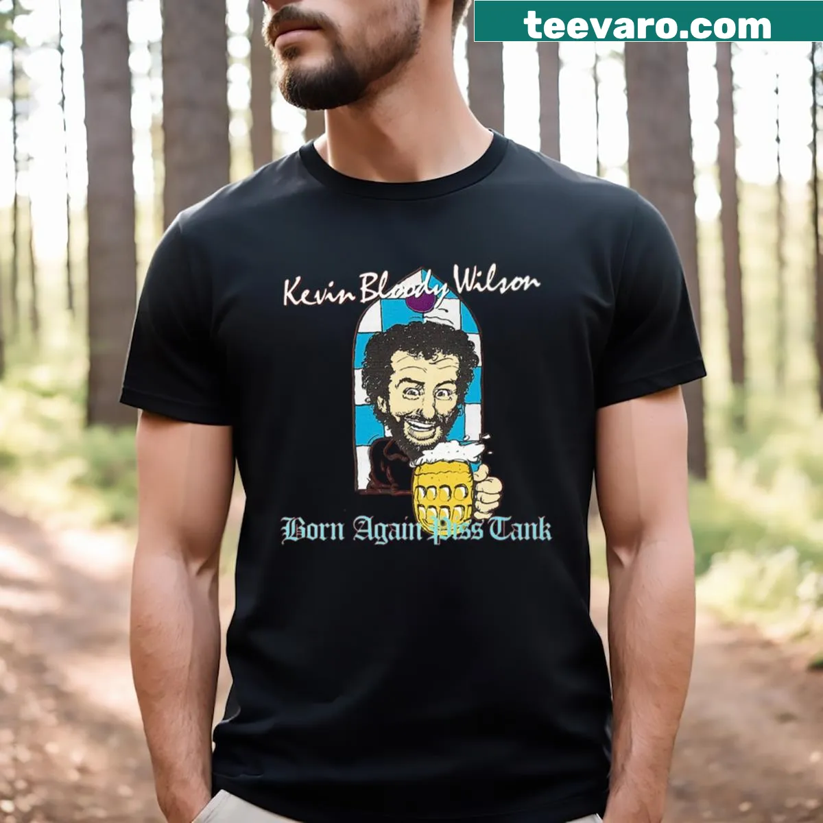Bold graphic T-shirt with 'Born Again Piss Tank' text — on a men's t-shirt