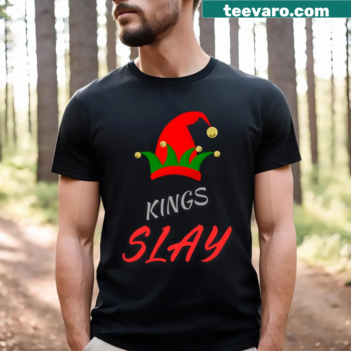 Whimsical Christmas-themed T-shirt featuring a fun holiday design — on a men's t-shirt