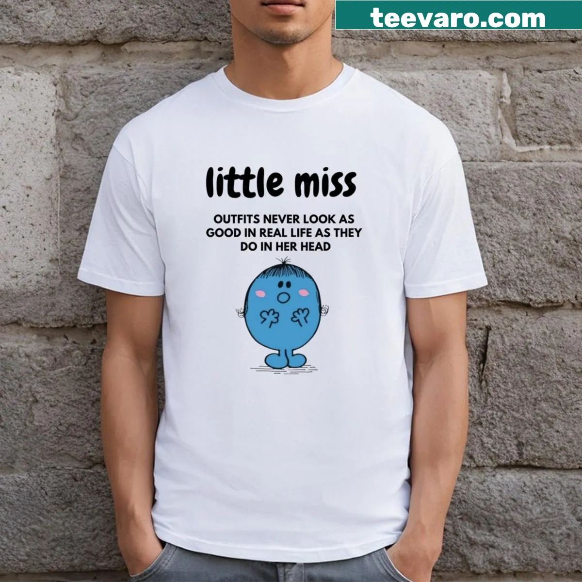 Funny typography t-shirt about outfits looking better in imagination — on a men's t-shirt