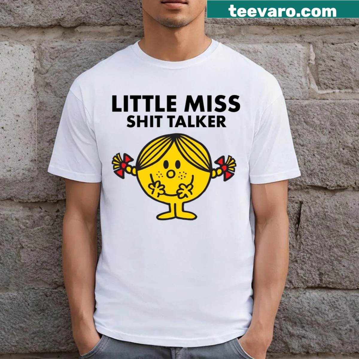 Little Miss Shit Talker funny typography t-shirt — on a men's t-shirt