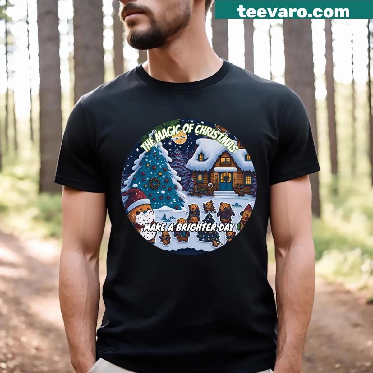 Christmas-themed T-shirt with bears and cookies illustration — on a men's t-shirt