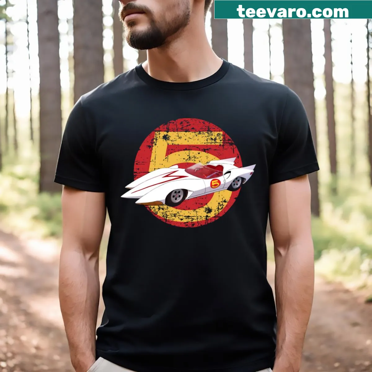 Vintage-style distressed T-shirt featuring Mach 5 design. — on a men's t-shirt
