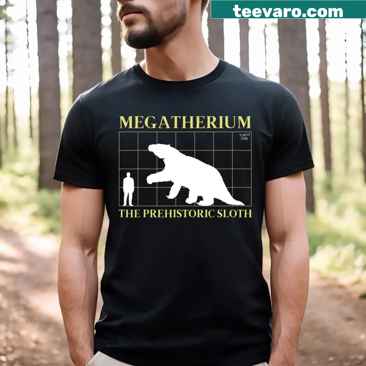 Megatherium t-shirt featuring an illustration of the extinct sloth — on a men's t-shirt