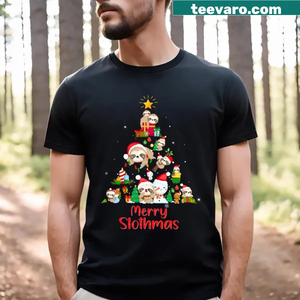 Cute sloth-themed Merry Slothmas Christmas t-shirt for kids