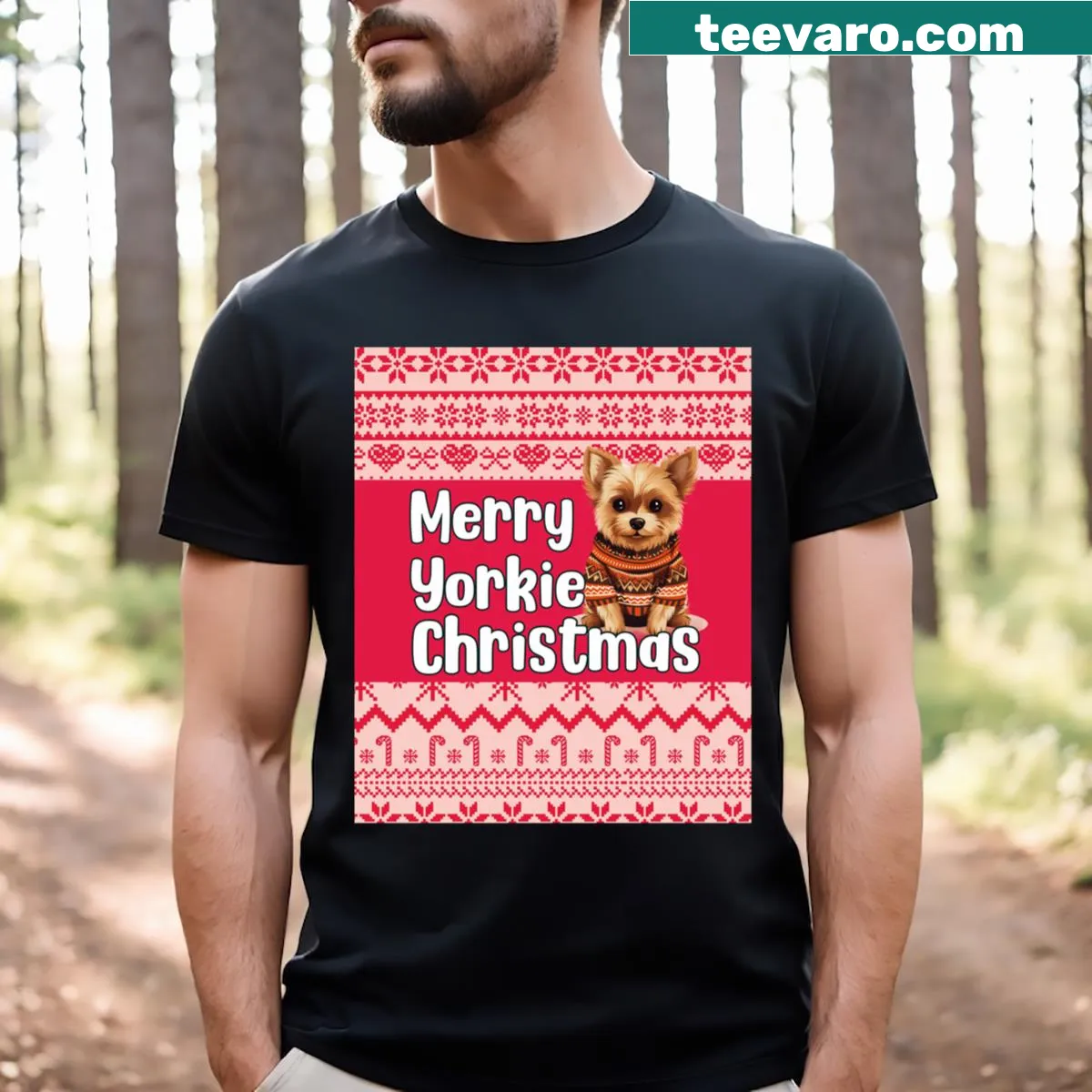 Illustration of a Yorkie in a Christmas hat for festive occasions. — on a men's t-shirt