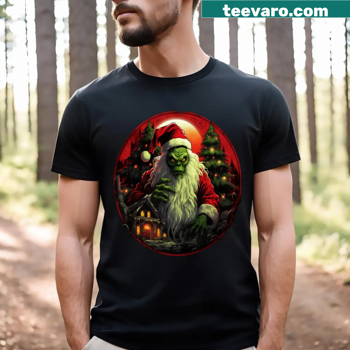 Cartoon T-shirt featuring the Grinch from Nightmare in Whoville for Christmas. — on a men's t-shirt