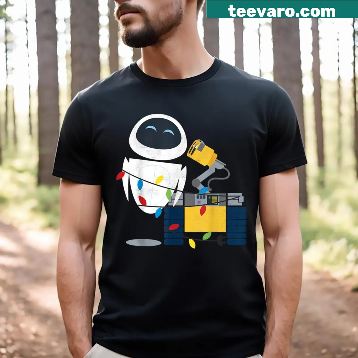 Pixar Walle and Eve Christmas light wrap graphic t-shirt — on a men's t-shirt