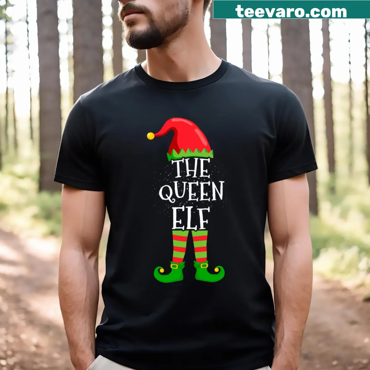 Funny Christmas shirt featuring a Queen Elf design for family matching — on a men's t-shirt