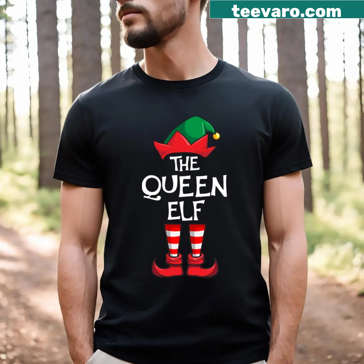 Matching family Christmas shirt with a playful Queen Elf design — on a men's t-shirt