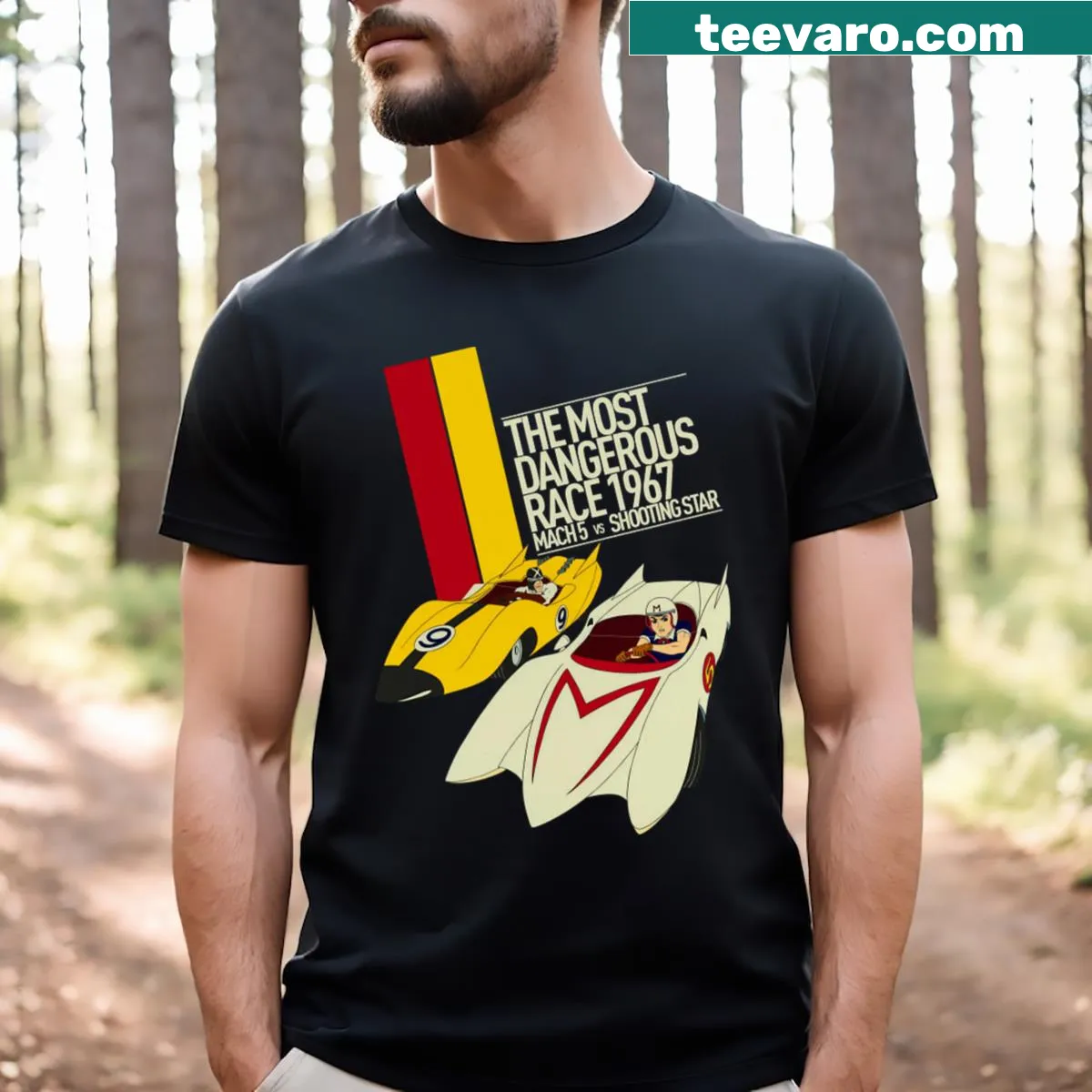 Graphic T-shirt featuring Race X vs Go Mifune in bold typography — on a men's t-shirt