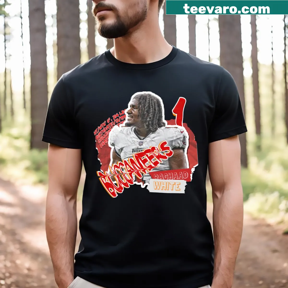 Illustrated Rachaad White Football T-shirt with Buccaneers jersey number — on a men's t-shirt