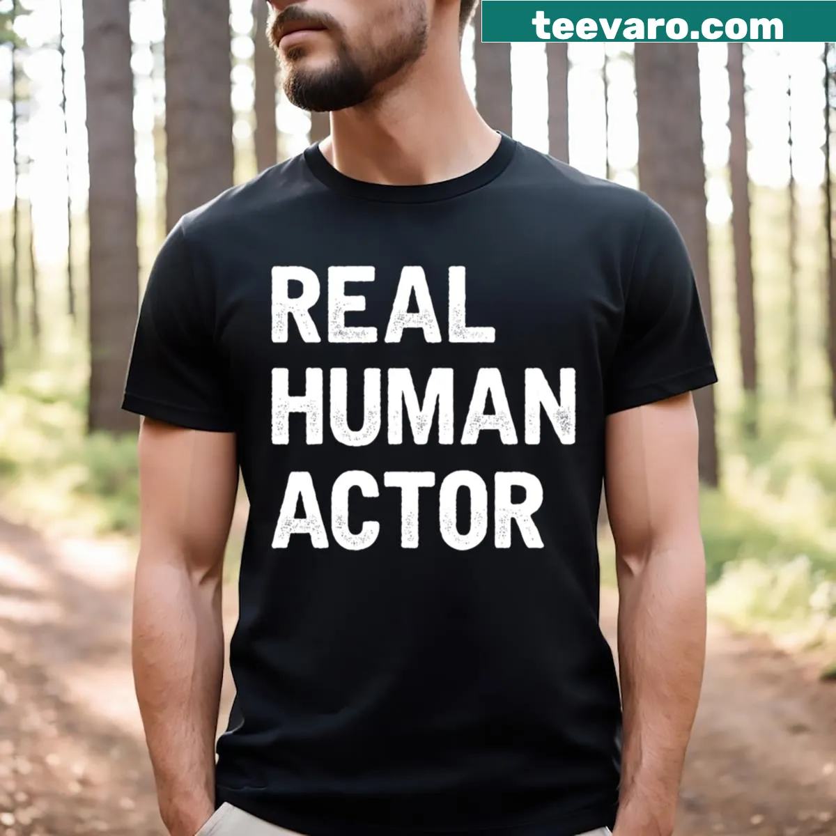 Minimalist shirt for actors with the text 'Real Human Actor' — on a men's t-shirt