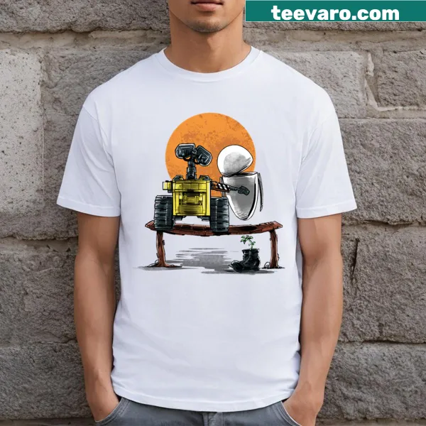 Illustration of robots gazing at the moon on a t-shirt