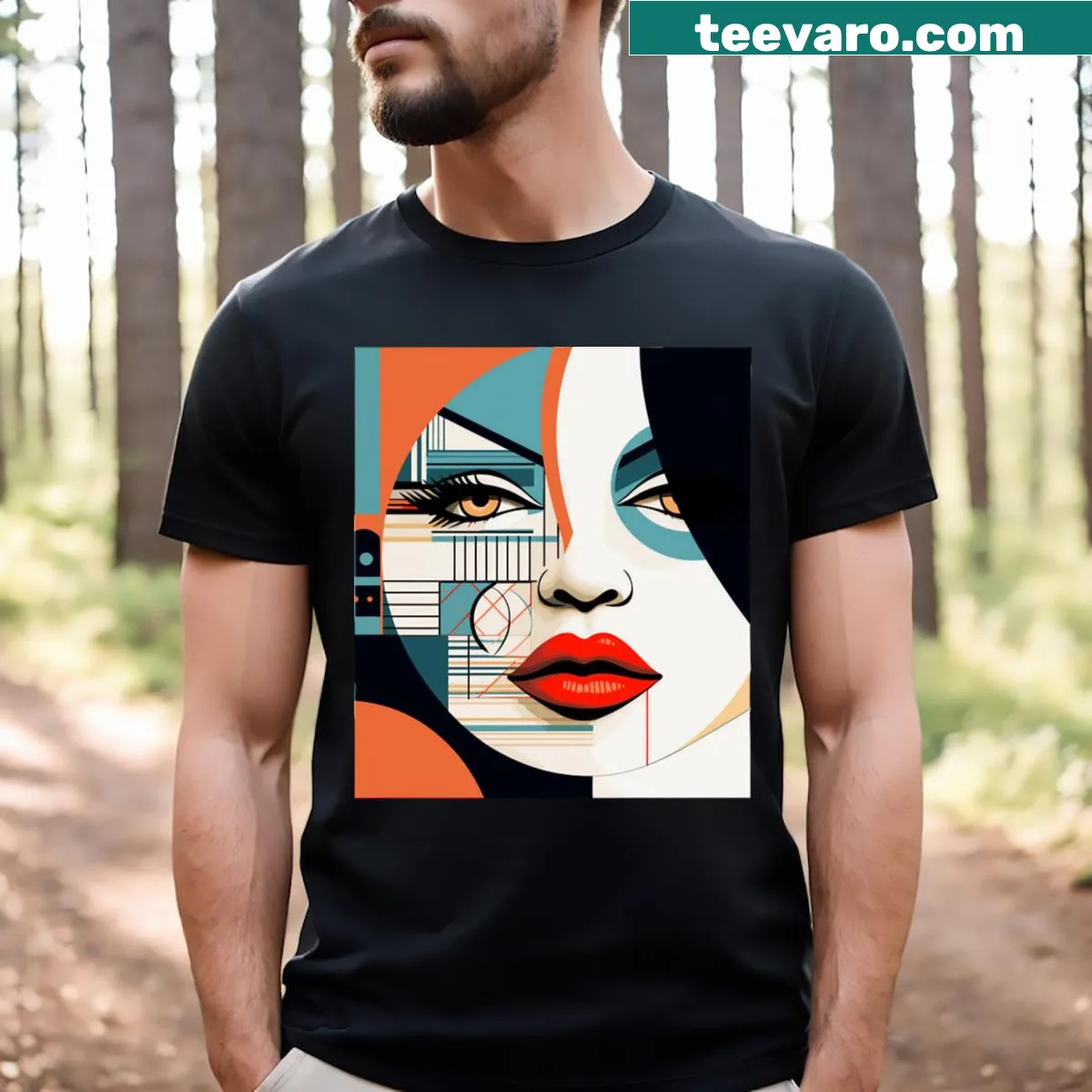 Minimalist line art of a woman with red lips on a T-shirt — on a men's t-shirt