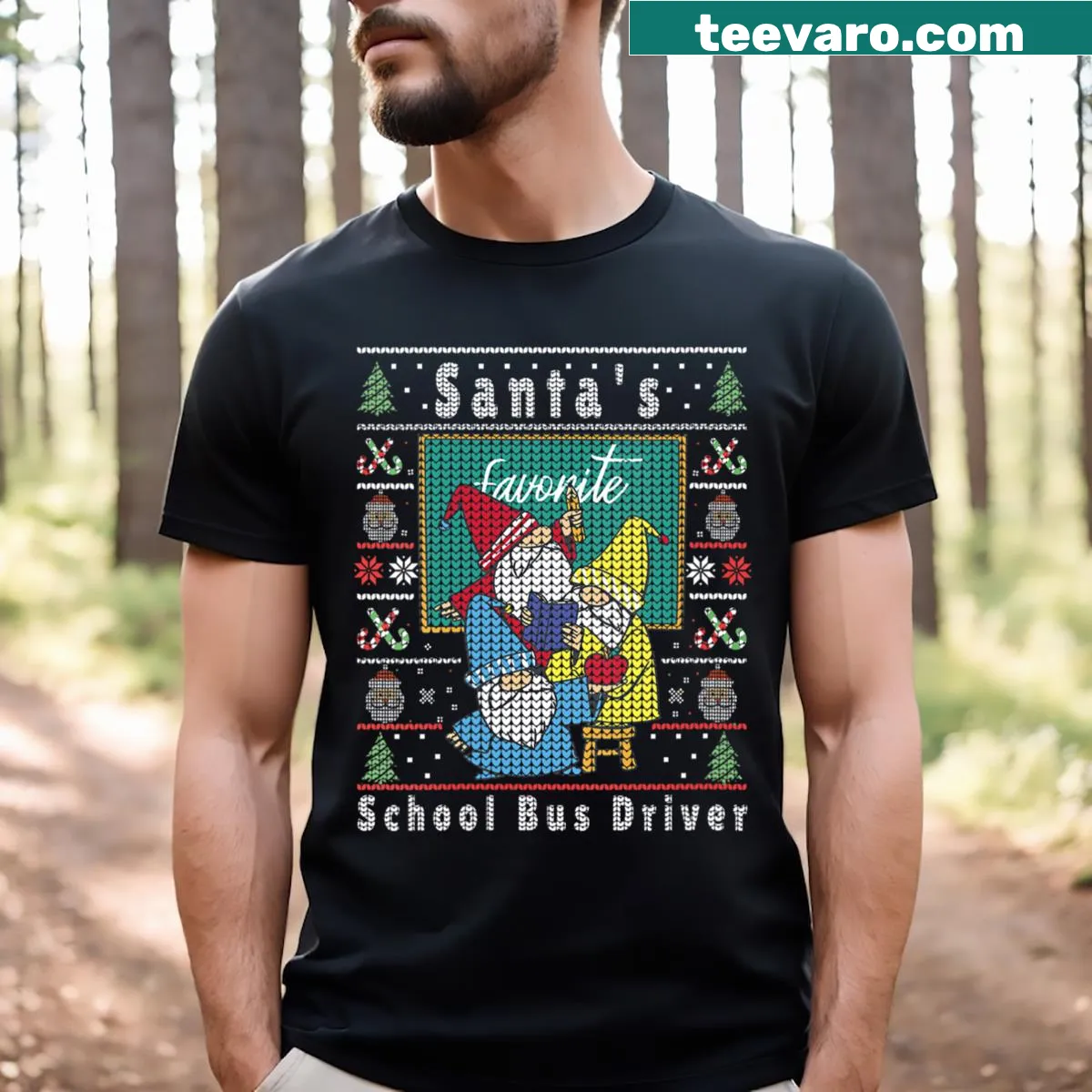 Vintage distressed V-neck tee featuring Santa's elves and a school bus driver — on a men's t-shirt