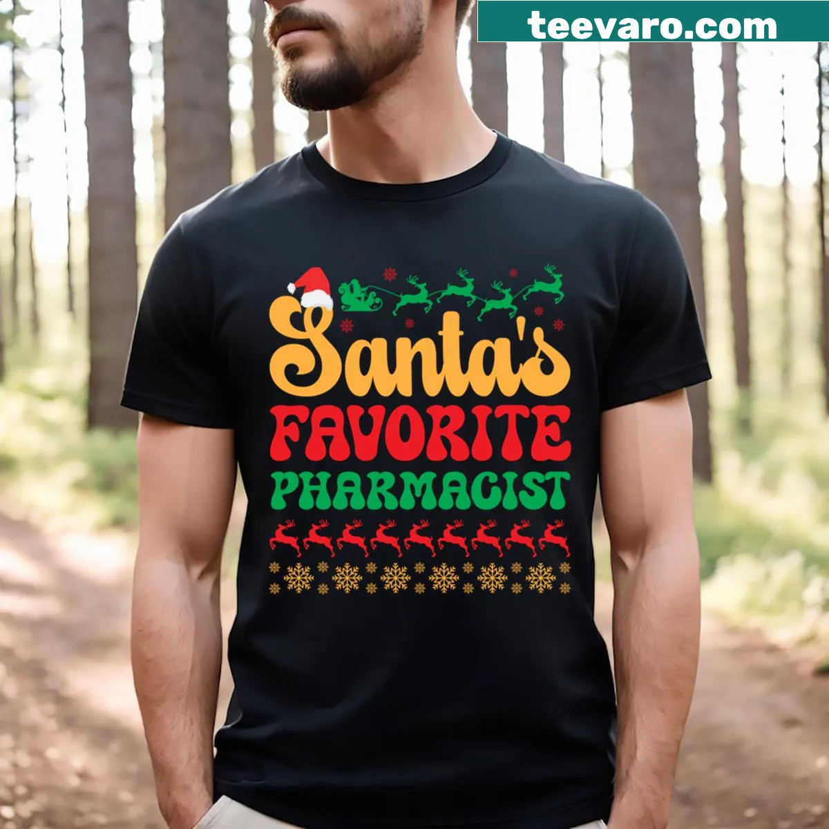 Funny Santa's Favorite Pharmacist graphic on t-shirt — on a men's t-shirt