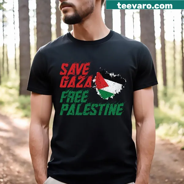 T-shirt featuring the slogan 'Save Gaza Free Palestine' in bold typography