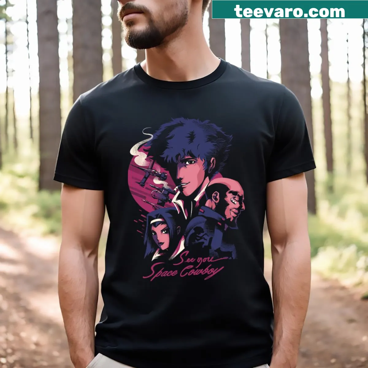 Fun t-shirt blending cowboy themes with space elements in a playful design. — on a men's t-shirt
