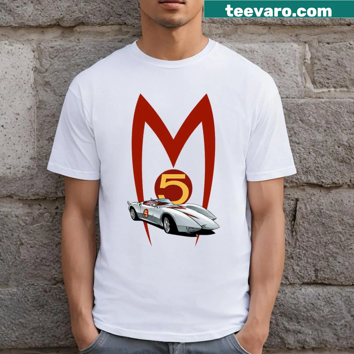 Illustration of the Mach 5 car from Speed Racer on a t-shirt. — on a men's t-shirt