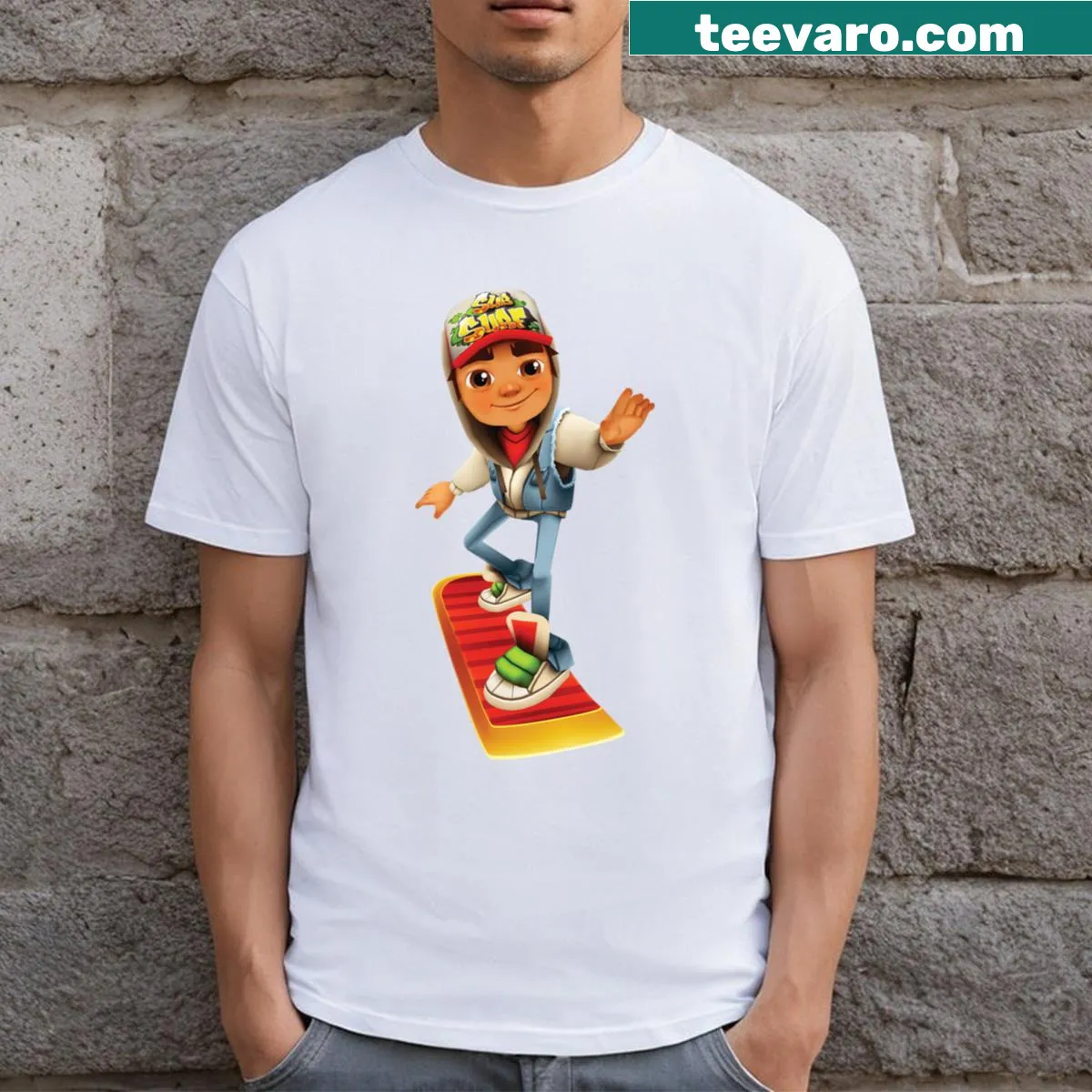 Subway Surfer-themed t-shirt with fun graphics — on a men's t-shirt