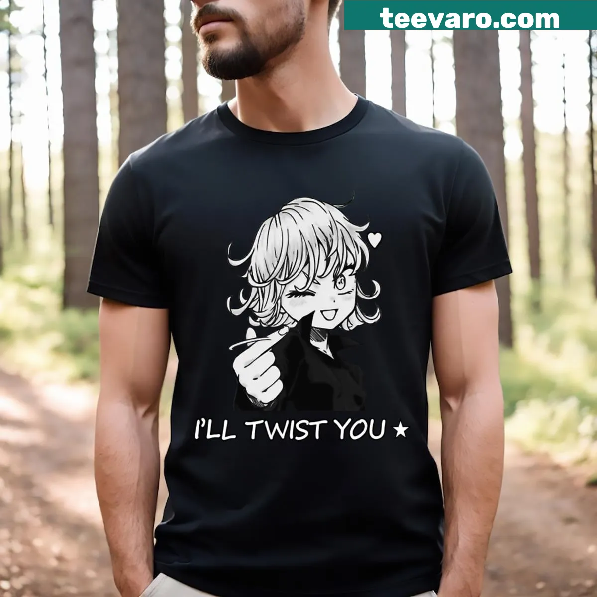Illustrated Tatsumaki design t-shirt featuring dynamic swirling elements — on a men's t-shirt