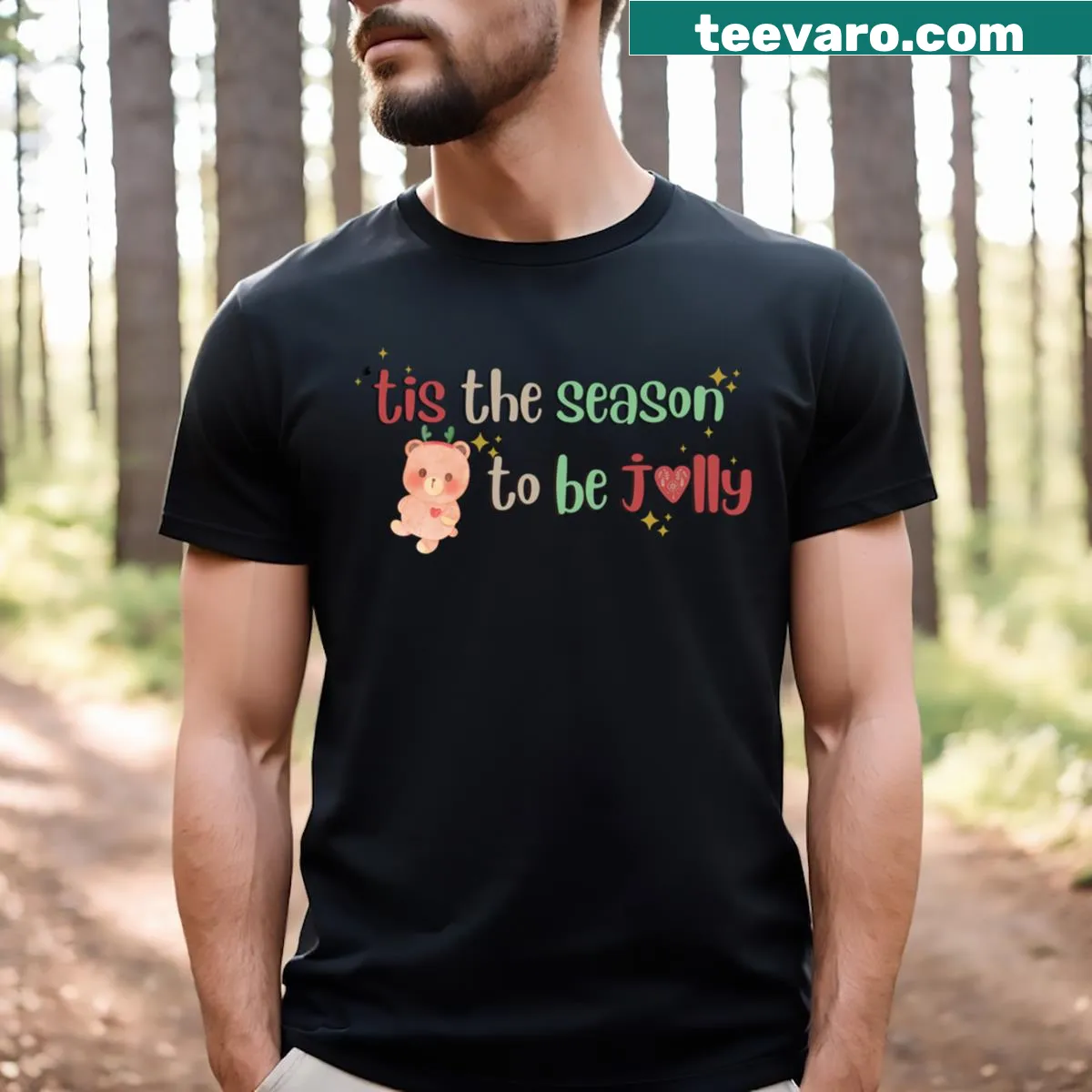Cute Christmas teddy bear t-shirt with a festive message — on a men's t-shirt